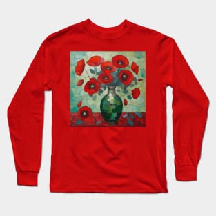 Red Poppies and Eucalyptus Leaves in a Geometric Green Vase Long Sleeve T-Shirt